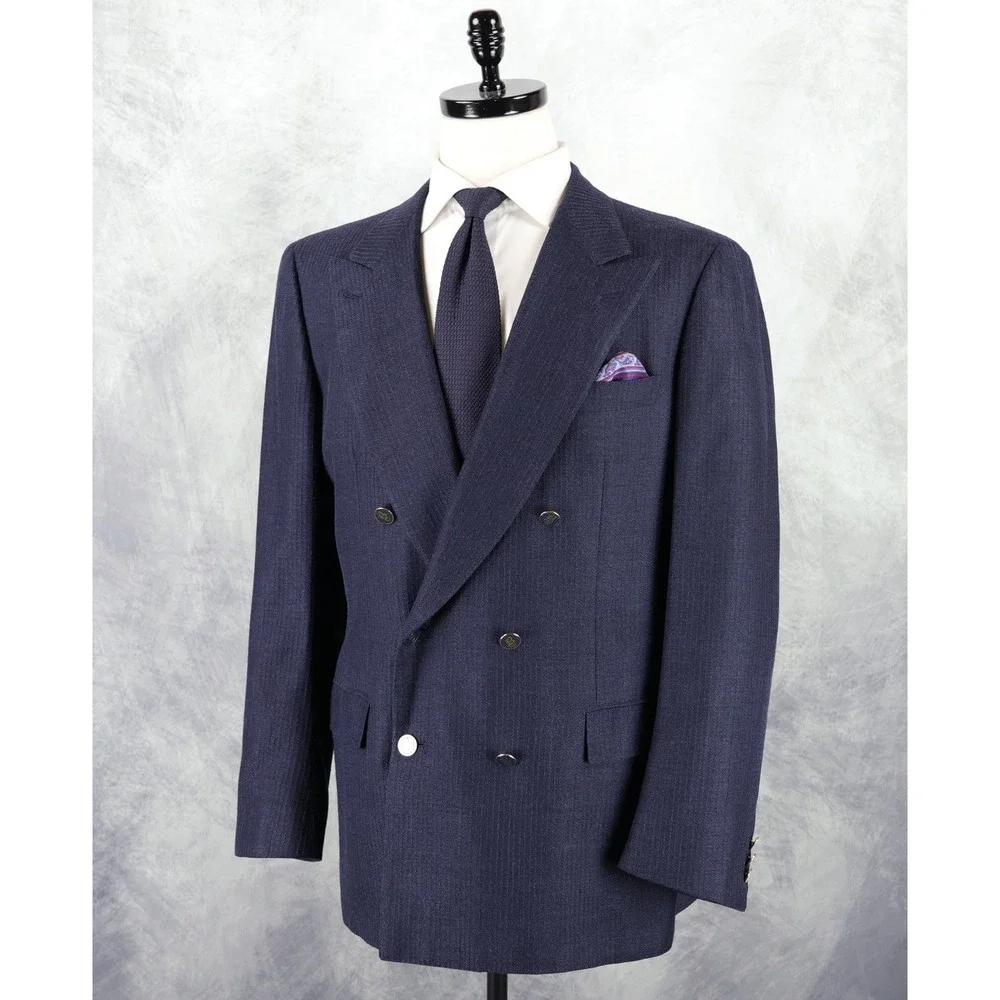 Brioni Blazer Mens 44R Navy Blue Double Breasted Peak Lapel Wool Silk Italy